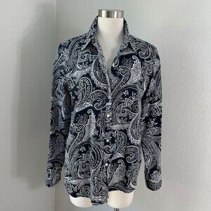 Chaps Womens Large Black White Paisley Button Up Shirt Long Sleeve Blouse Top